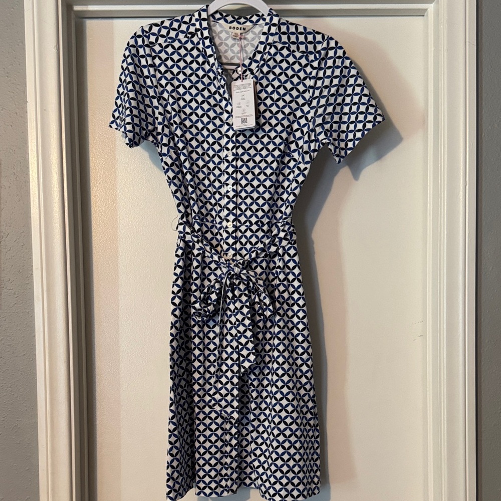 Boden 6P Geometric Print Blue and White Dress NWT